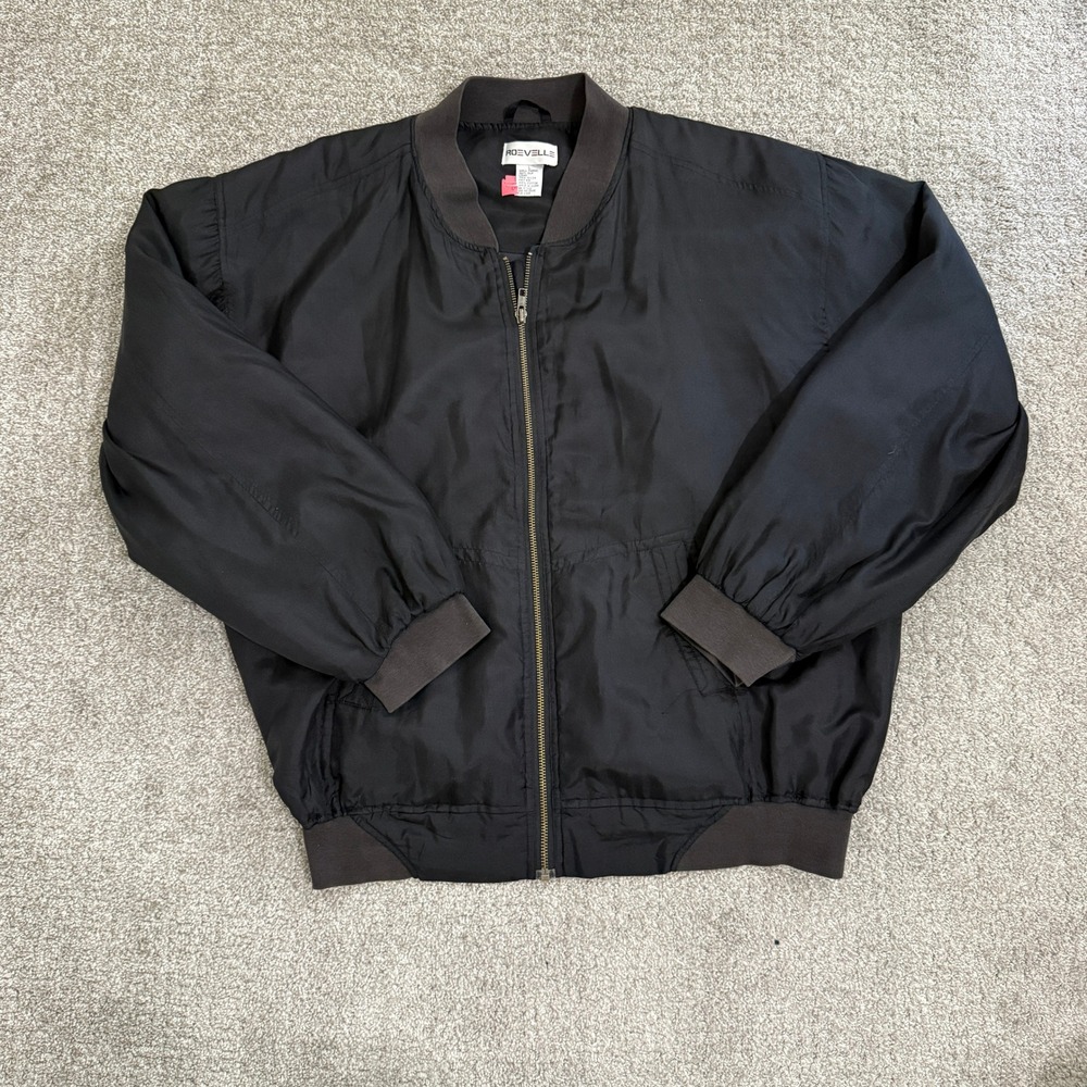 Vintage Black Silk Bomber Jacket Men's Large Zip Front Ribbed Cuffs Roevelle - Picture 1 of 12